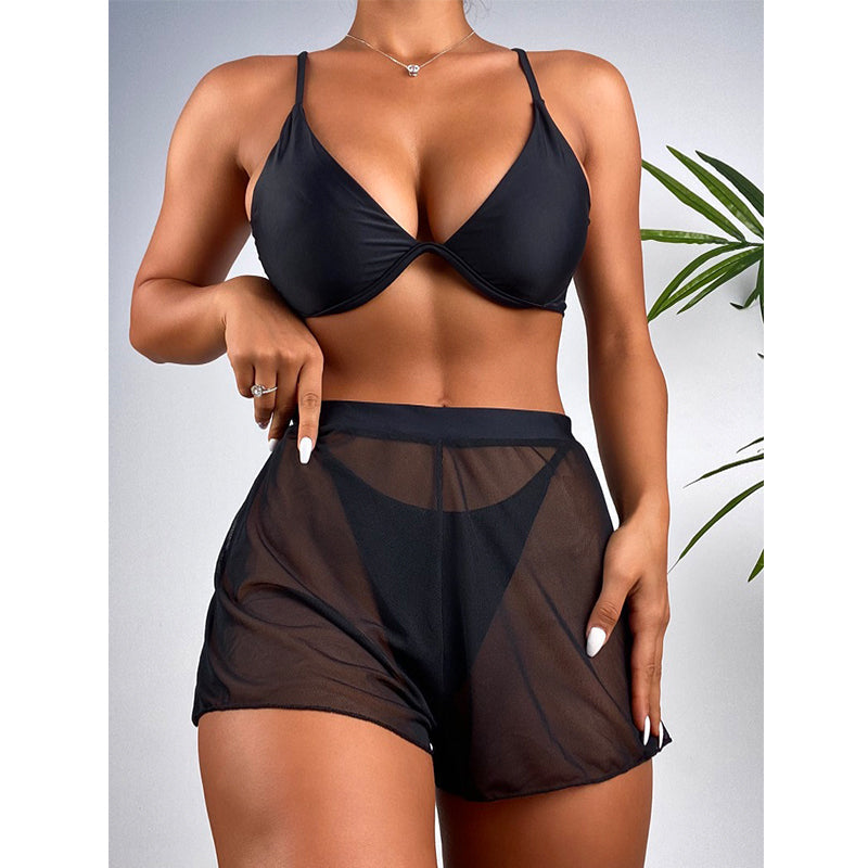 Push Up Bikini Set Sexy Solid Swimsuit Women Mesh Pants Bathing Suits Swimwear Bella Mia